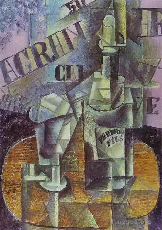 Pablo Picasso Andere Malerei - Flasche Pernod-Tisch in einem Café 1912