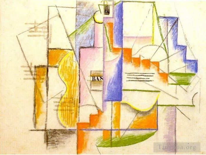 Pablo Picasso Andere Malerei - Bouteille de Bass et Guitare 1912
