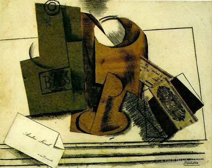 Pablo Picasso Andere Malerei - Bouteille de Bass verre paquet de tabac carte de visite 1913