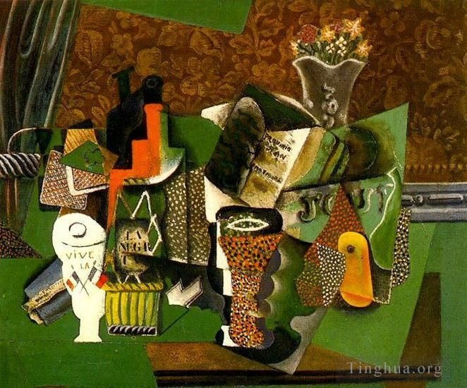 Pablo Picasso Andere Malerei - Cartes a jouer verres boteille de rhum Vive la France 1914
