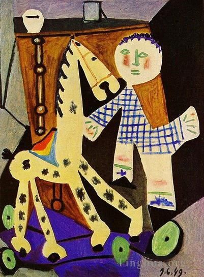 Pablo Picasso Andere Malerei - Claude a deux ans avec son cheval a roulettes 1949