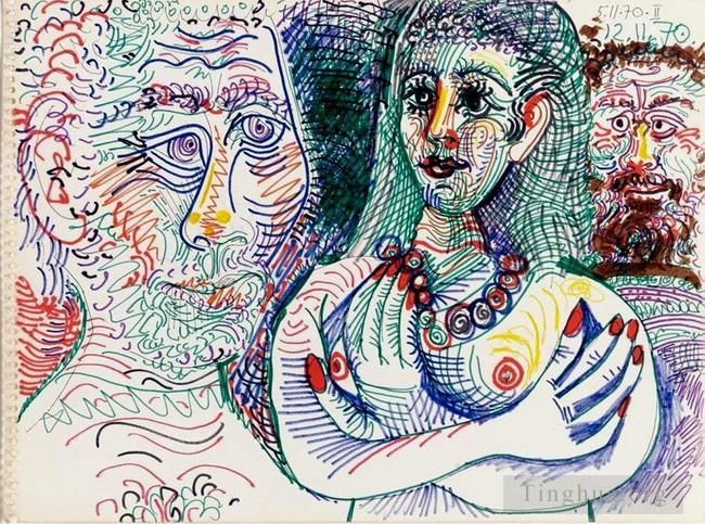 Pablo Picasso Andere Malerei - Zwei Männer und eine Frau 1970