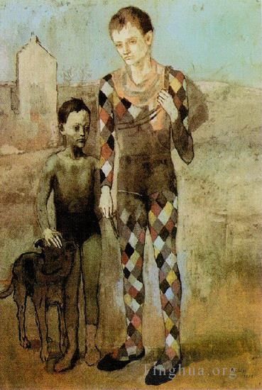 Pablo Picasso Andere Malerei - Zwei Saltimbanques mit einem Hund von 1905