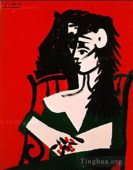 Pablo Picasso Andere Malerei - Femme a la mantille sur fond rouge I 1959
