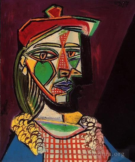 Pablo Picasso Andere Malerei - Femme au beret et a la robe a carreaux Marie Therese Walter 1937