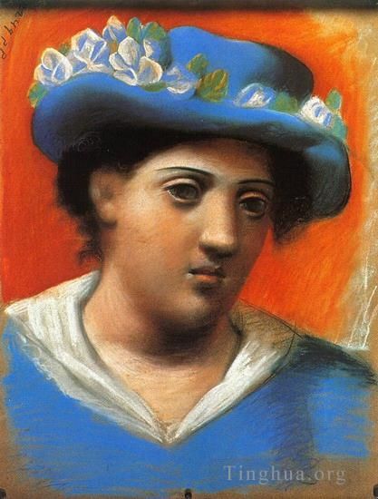 Pablo Picasso Andere Malerei - Femme au chapeau bleu a fleurs 1921