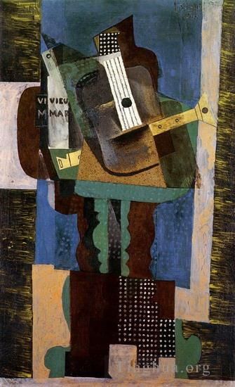 Pablo Picasso Andere Malerei - Gitarre, Klarinette und Bouteille auf einem Tisch, 1916