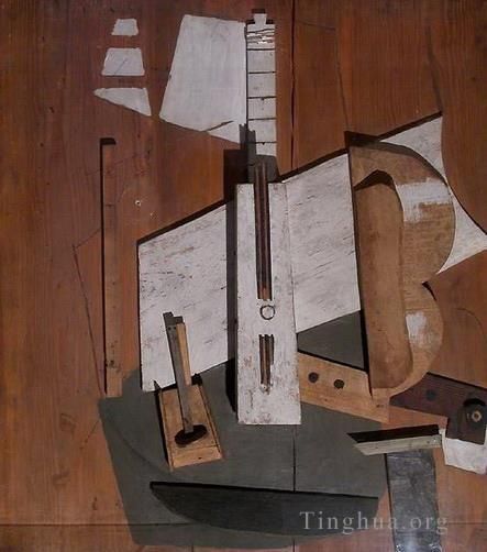 Pablo Picasso Andere Malerei - Guitare et boteille de Bass 1913