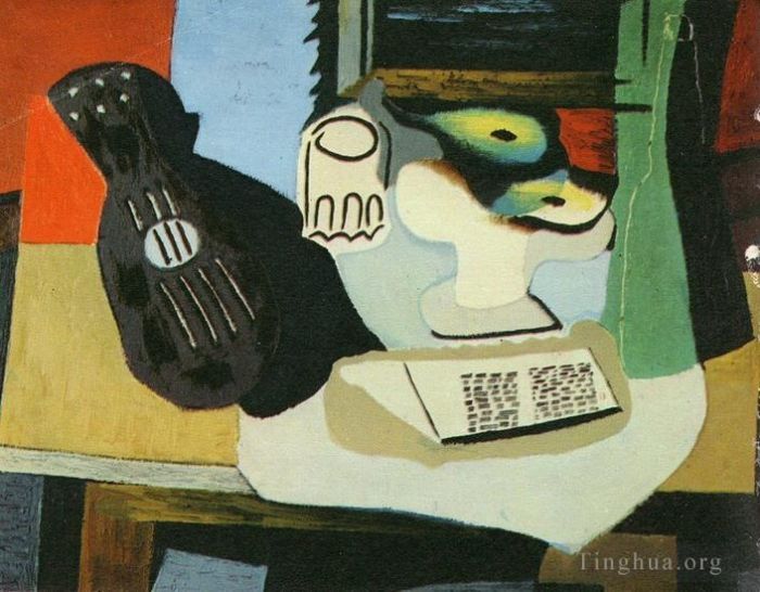 Pablo Picasso Andere Malerei - Glasgitarre und Komposition mit Früchten, 1924