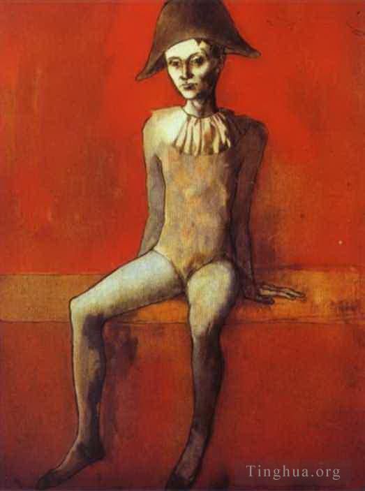 Pablo Picasso Andere Malerei - Harlekin sitzt auf einer roten Couch, 1905