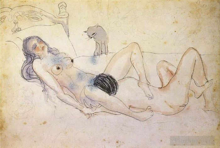 Pablo Picasso Andere Malerei - Mann und Frau mit Katze Homme et Femme mit einem Chat 1902