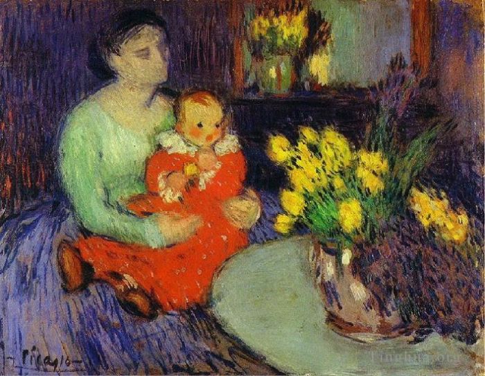 Pablo Picasso Andere Malerei - Mere et enfant devant un vase de fleurs 1901