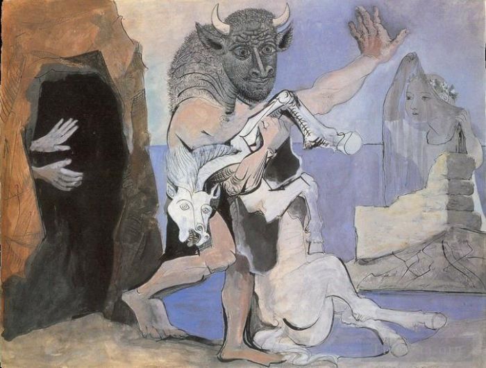 Pablo Picasso Andere Malerei - Minotaure et jument morte devant une grotte face a une fille au voile 1936