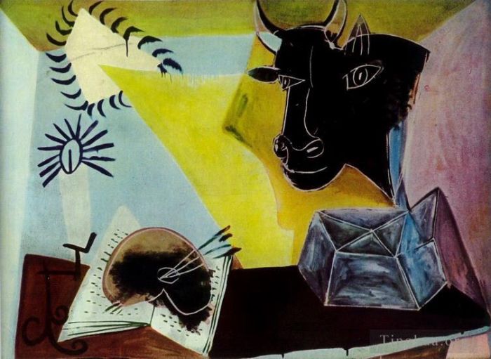 Pablo Picasso Andere Malerei - Nature morte a la Tete de taureau noir 1938