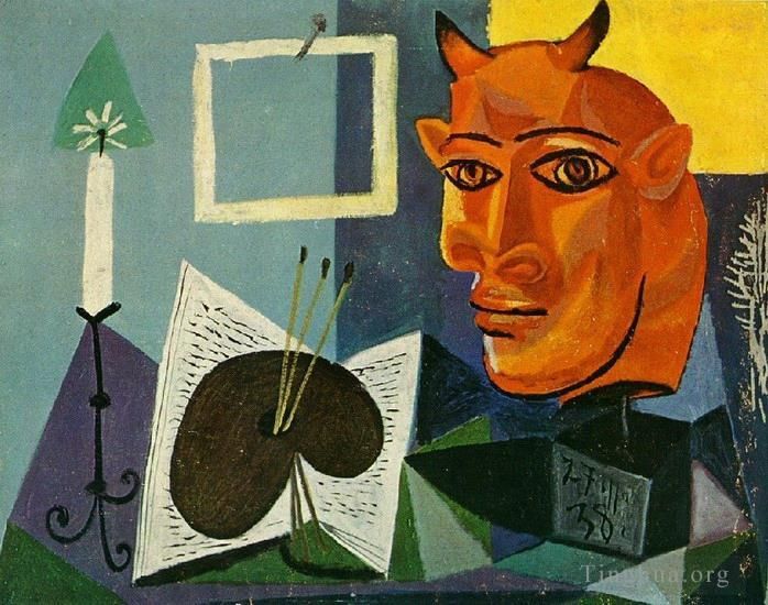 Pablo Picasso Andere Malerei - Nature morte a la bougie palette et Tete de minotaure rouge 1938