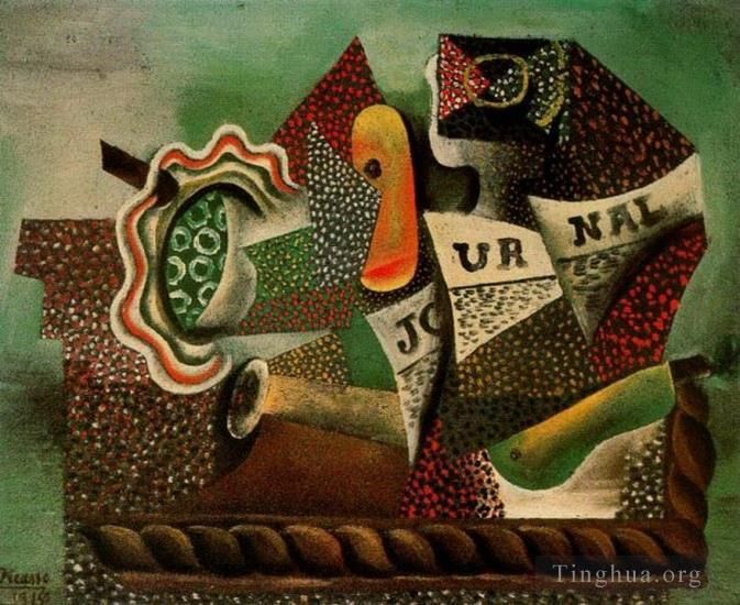 Pablo Picasso Andere Malerei - Nature morte mit Früchten und Zeitschrift 1914