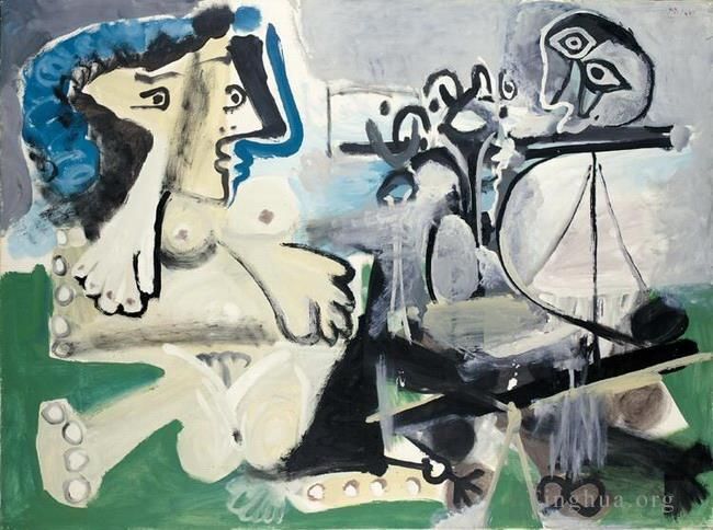 Pablo Picasso Andere Malerei - Nu assis et joueur de flute 1967