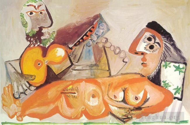 Pablo Picasso Andere Malerei - Nu couch et homme jouant de la guitare 1970