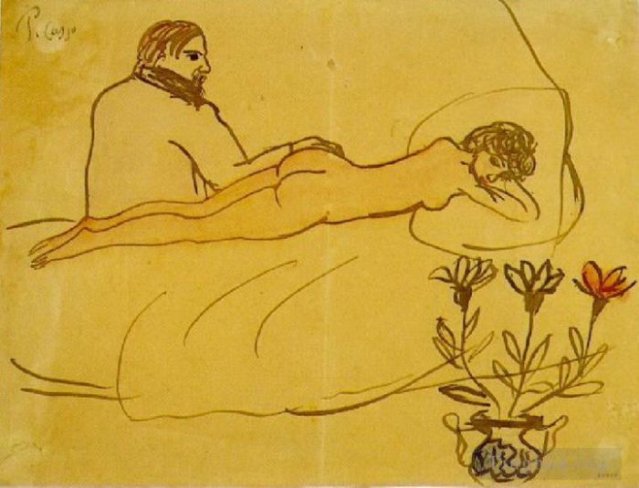 Pablo Picasso Andere Malerei - Nu couche et Picasso assistis 1902