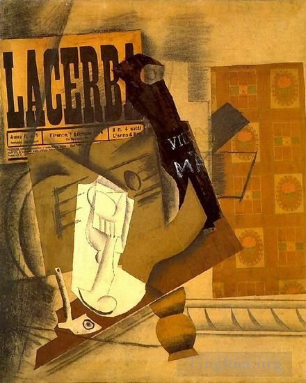 Pablo Picasso Andere Malerei - Pipe Verre Journal Guitare Bouteille de Vieux Marc Lacerba 1914