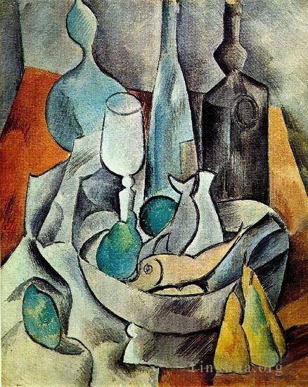 Pablo Picasso Andere Malerei - Poissons et bouteilles 1908