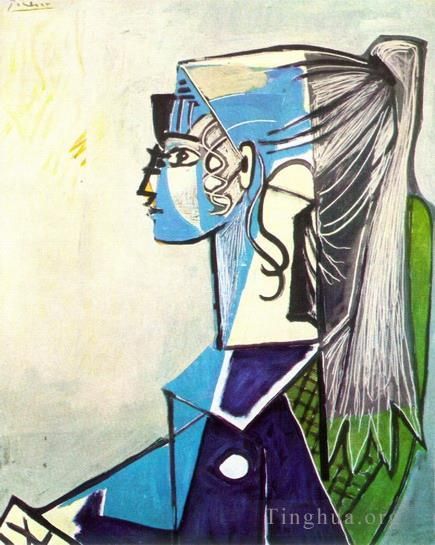 Pablo Picasso Andere Malerei - Porträt von Sylvette David 2au fauteuil vert 1954
