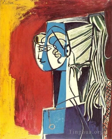 Pablo Picasso Andere Malerei - Porträt von Sylvette David 2sur Fond Rouge 1954