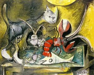 Zeitgenössische Malerei - Stillleben mit Katze und Hummer 1962
