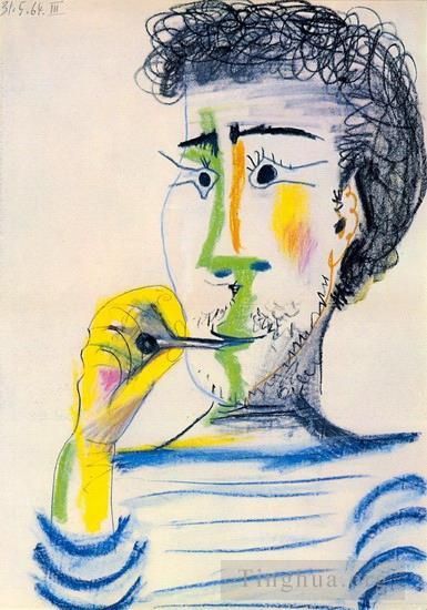 Pablo Picasso Andere Malerei - Tete d homme barbu a la Cigarette III 1964