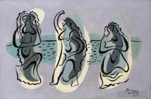 Zeitgenössische Malerei - Drei Frauen an der Küste eines Strandes, 1924