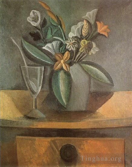 Pablo Picasso Andere Malerei - Vase de fleurs verre de vin et cuillere 1908