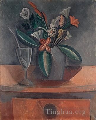 Pablo Picasso Andere Malerei - Vase mit Blumen, Glas Wein und Löffel, 1908