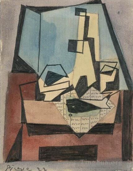 Pablo Picasso Andere Malerei - Verre boteille poisson sur un journal 1922