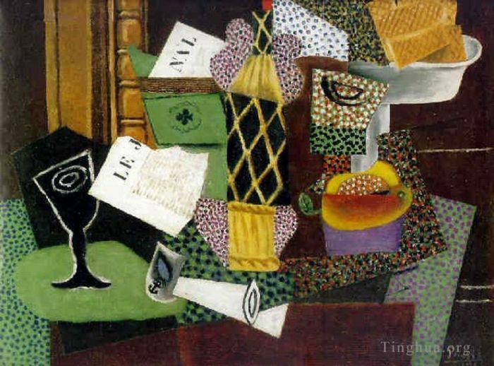Pablo Picasso Andere Malerei - Verre et boteille de rhum empaillee 1914