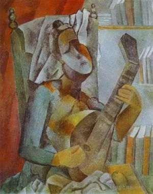 Zeitgenössische Malerei - Frau spielt Mandoline 1909