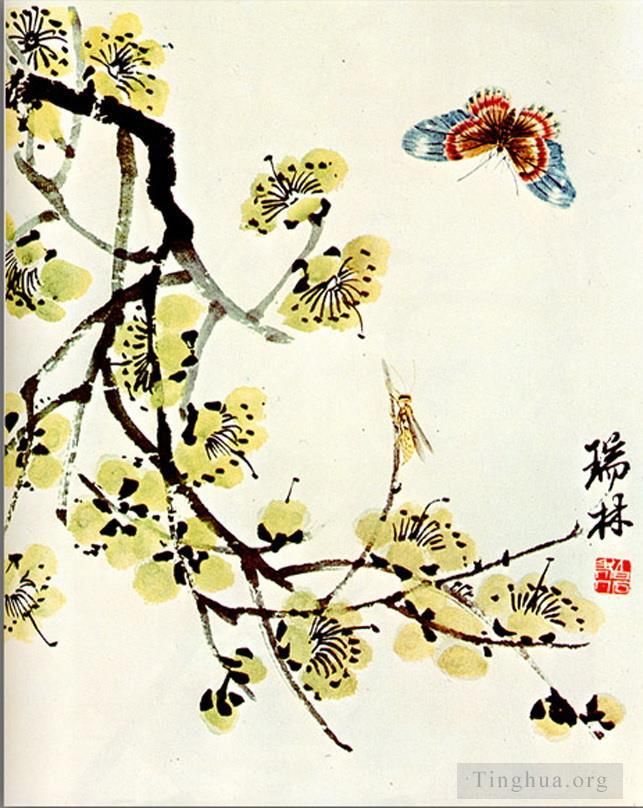 Qi Baishi Chinesische Kunst - Schmetterling und Blütenplu
