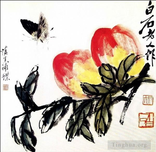 Qi Baishi Chinesische Kunst - Schmetterling und Pfirsich
