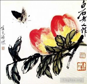 zeitgenössische kunst von Qi Baishi - Schmetterling und Pfirsich