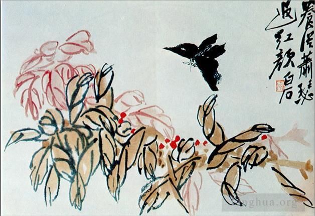 Qi Baishi Chinesische Kunst - Impatiens und Schmetterling