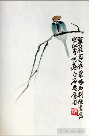 zeitgenössische kunst von Qi Baishi - Sparrow on a branch old Chinese
