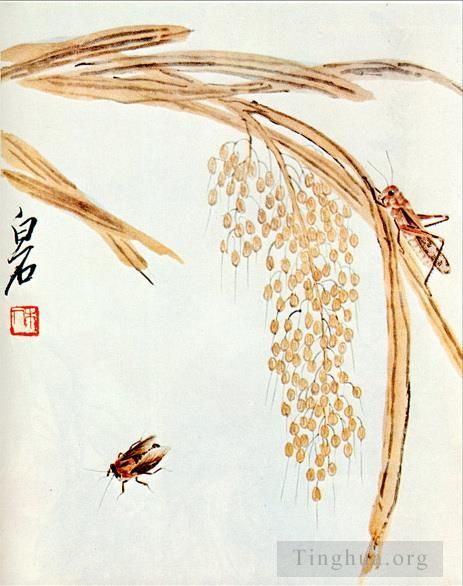 Qi Baishi Chinesische Kunst - Reis und Heuschrecken verquirlen