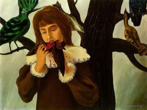 Zeitgenössische Ölmalerei - Junges Mädchen, das zum Vergnügen einen Vogel isst, 1927
