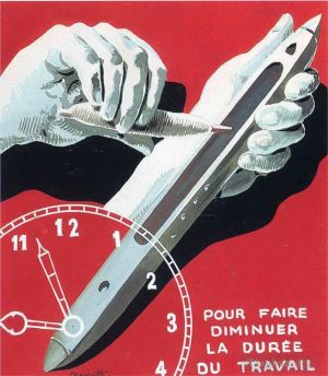 Zeitgenössische Malerei - Projekt des Plakats des Zentrums der Textilarbeiter in Belgien zur Verkürzung der Arbeitszeit 1938