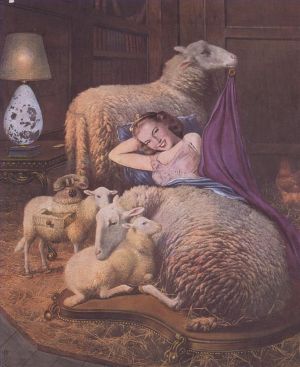 Zeitgenössische Ölmalerei - Liegendes Mädchen im Schaf