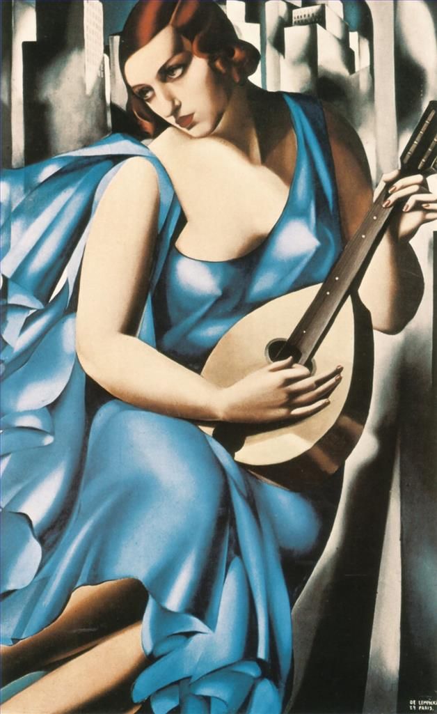 Tamara de Lempicka Ölgemälde - Blaue Frau mit Gitarre 1929