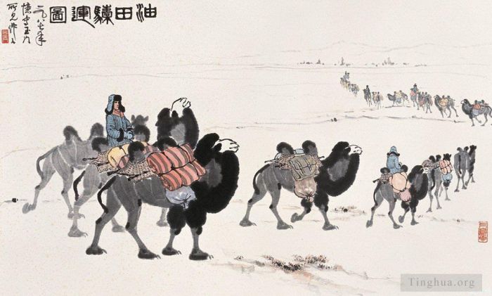 Wu Zuoren Chinesische Kunst - Kamele in der Wüste