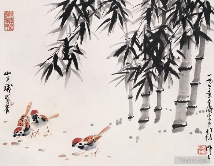 Wu Zuoren Chinesische Kunst - Huhn unter Bambus