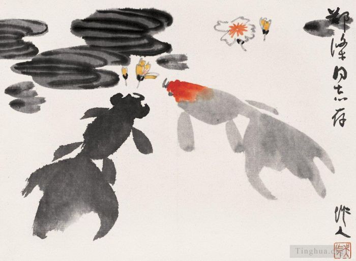 Wu Zuoren Chinesische Kunst - Goldfische und Blumen