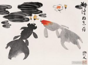 zeitgenössische kunst von Wu Zuoren - Goldfische und Blumen