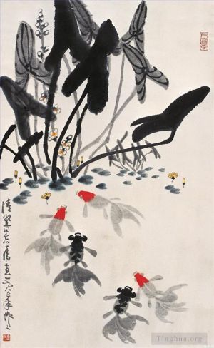 zeitgenössische kunst von Wu Zuoren - Goldfische und Seerosen